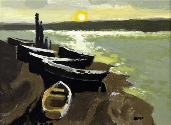 § Donald McIntyre (1923-2009) Setting Sun and Boats, 12 x 16in.